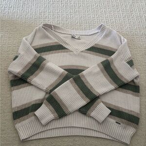 Striped V-Neck Sweater - Cream and Green Hollister